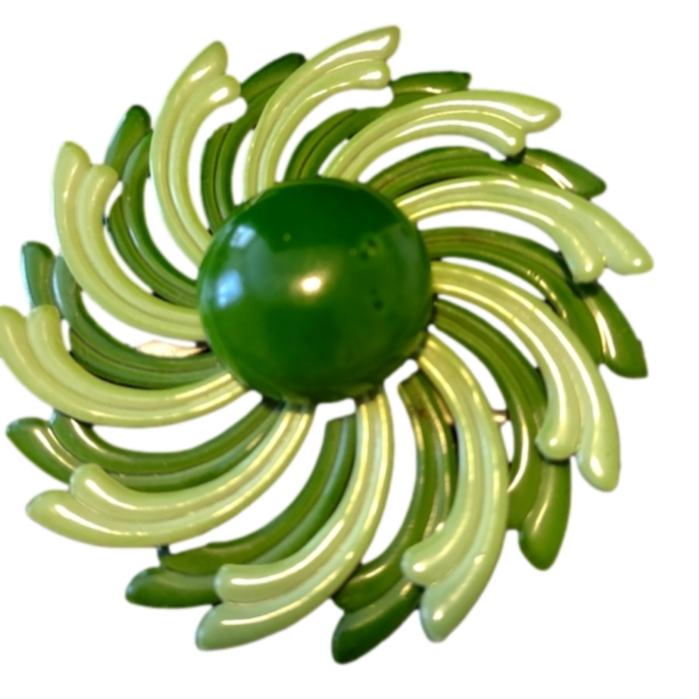 1960s Vintage Retro Enamel Green Flower Brooch.